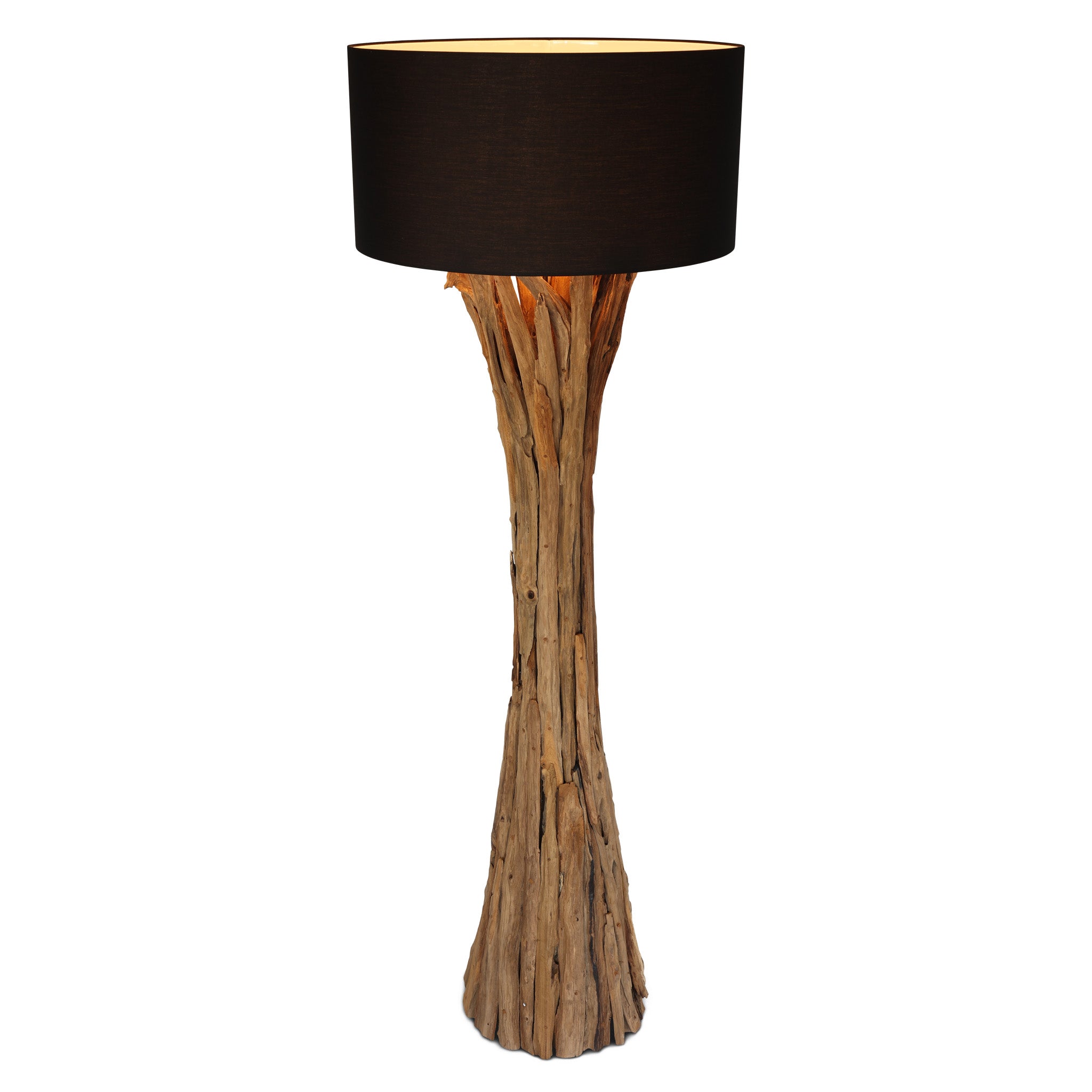 QUINTON teak root floor lamp with black shade, front view