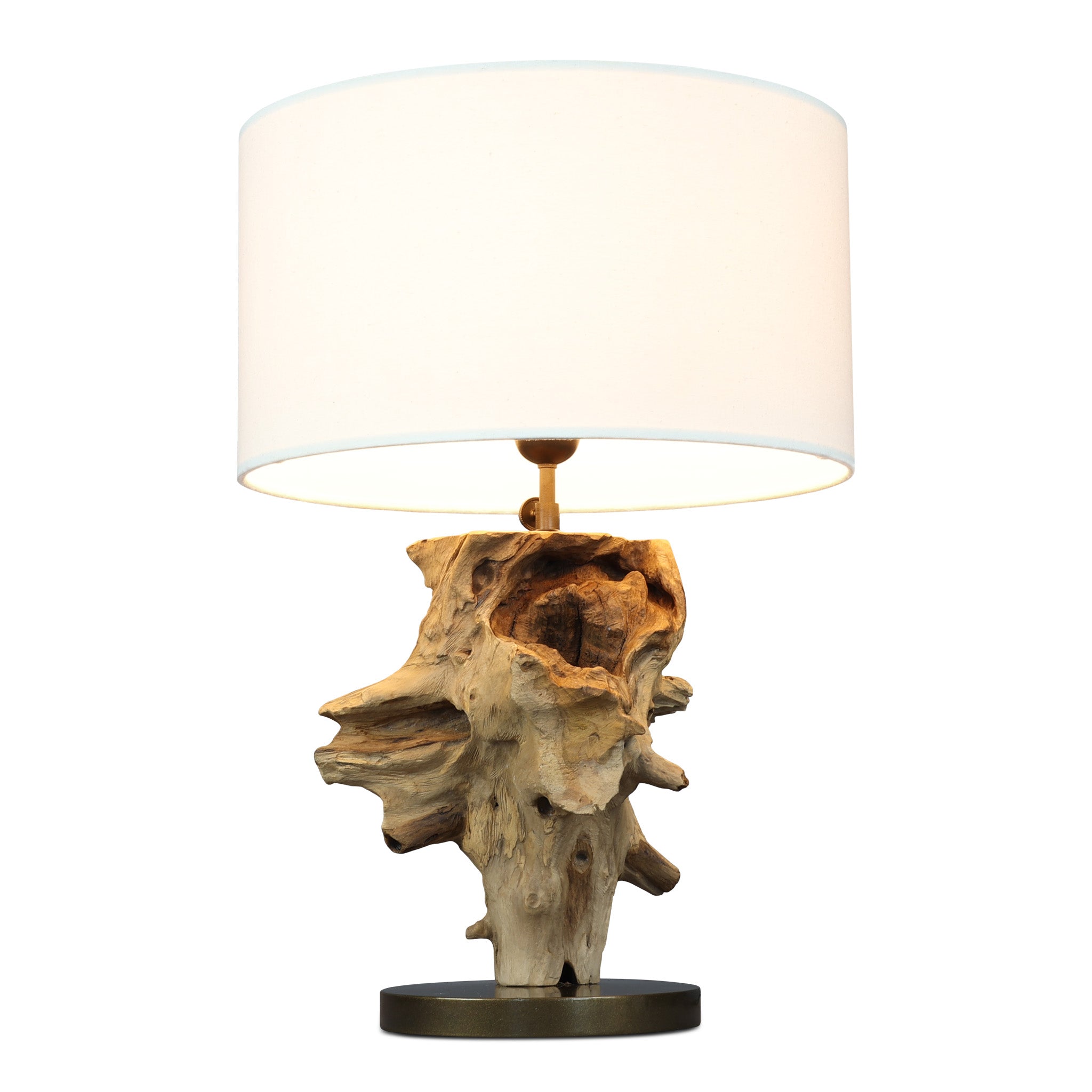 ESROOTS teak root table lamp with white shade, side view