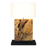TRUMBLE teak root table lamp with white shade, angle view