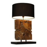 TRUMBLE teak root table lamp, black shade, side view