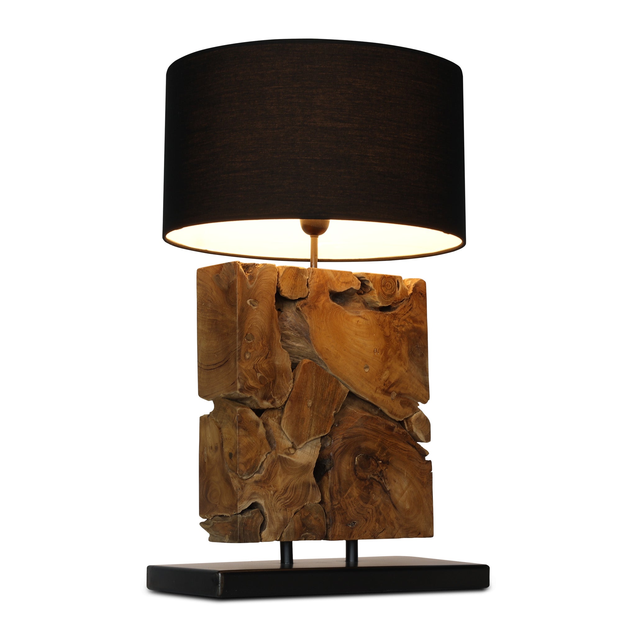 TRUMBLE teak root table lamp, black shade, side view