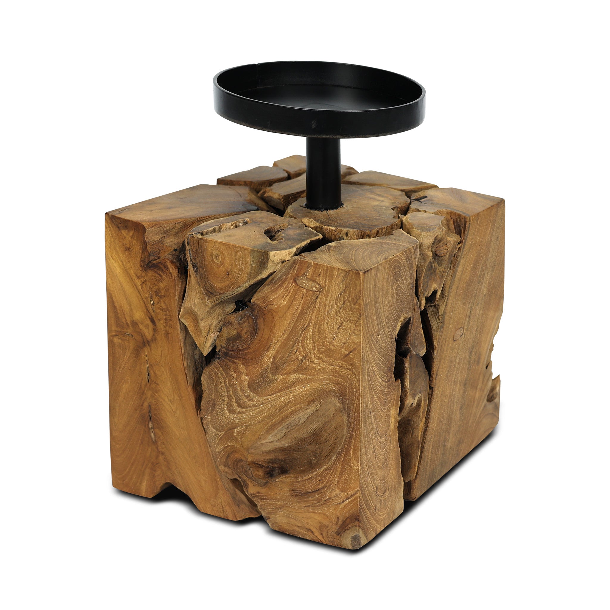 Frida teak root candle holder, square plate, front view