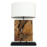 TRUMBLE teak root table lamp with white shade, base detail