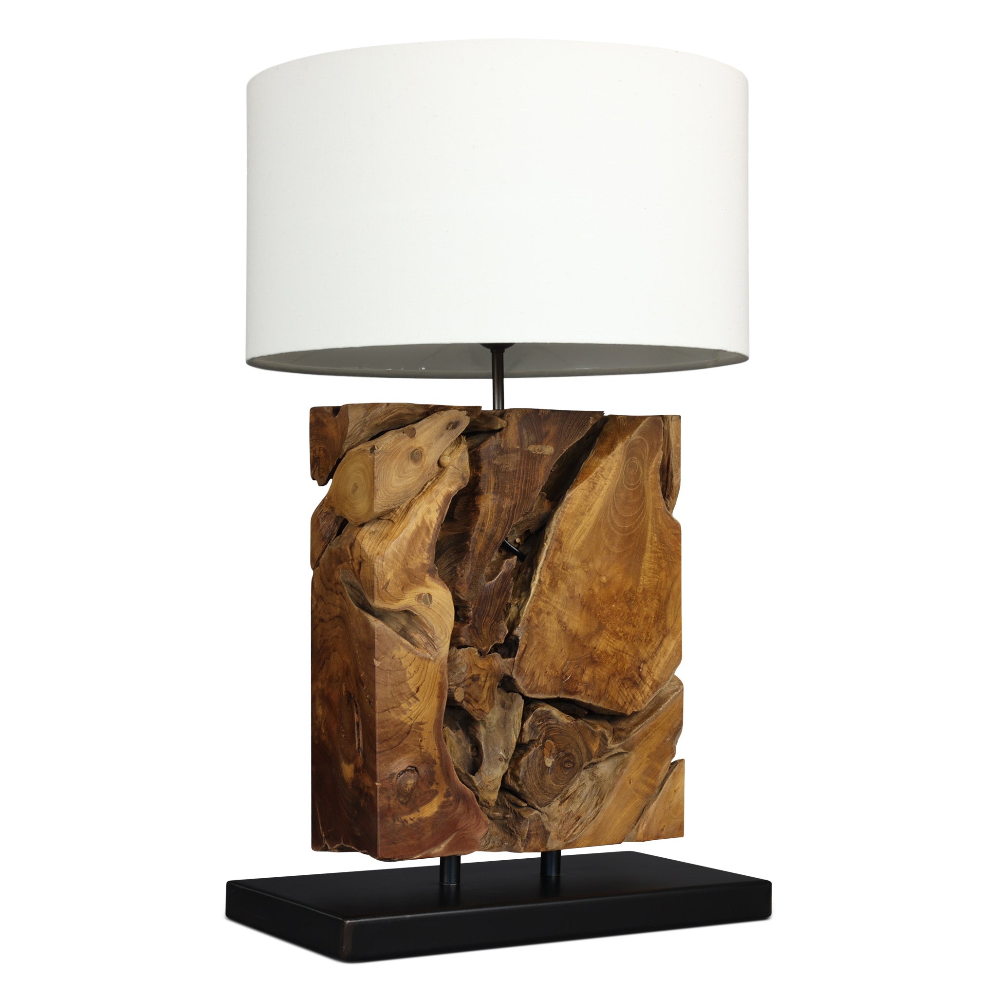 TRUMBLE teak root table lamp, white shade, rear view