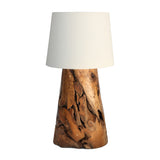 XILON pyramid teak root table lamp with white shade, front view