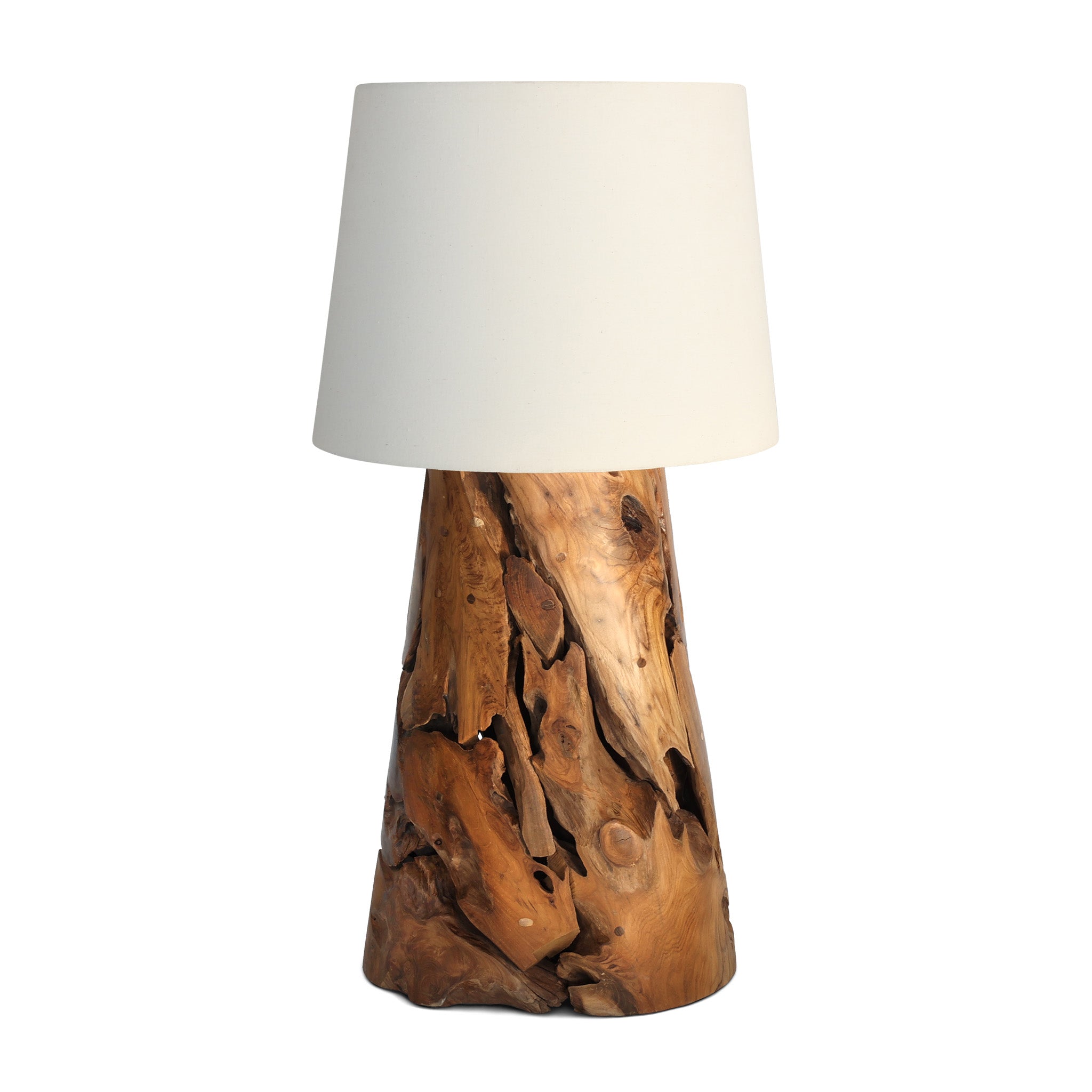 XILON pyramid teak root table lamp with white shade, front view