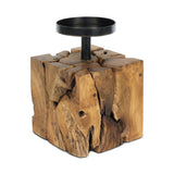 Frida teak root candle holder, square, lit candle