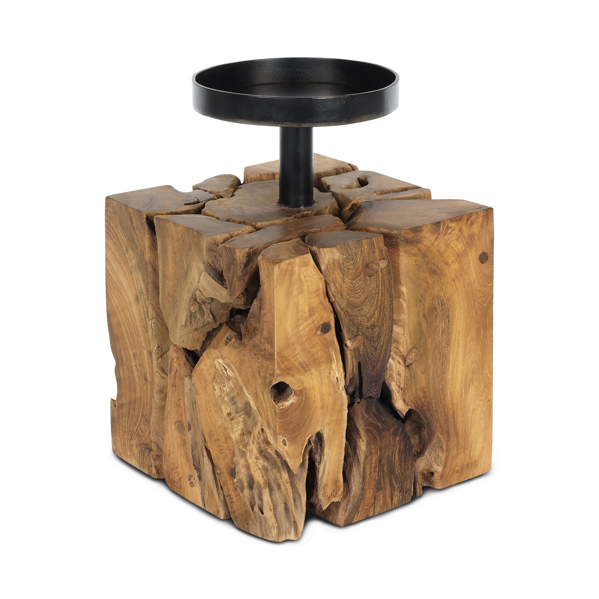 Frida teak root candle holder, square, lit candle