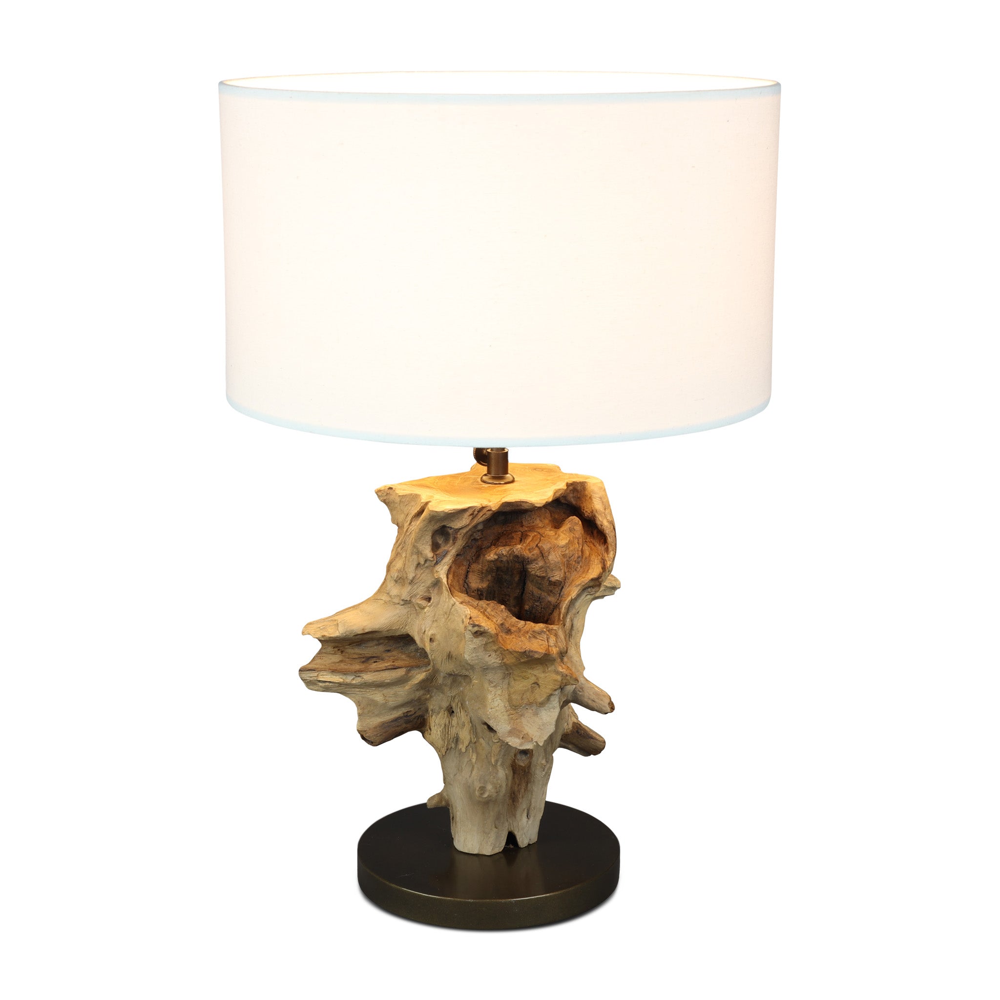ESROOTS teak root table lamp with white shade, front view