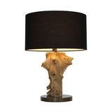 ESROOTS teak root table lamp with black shade, front view