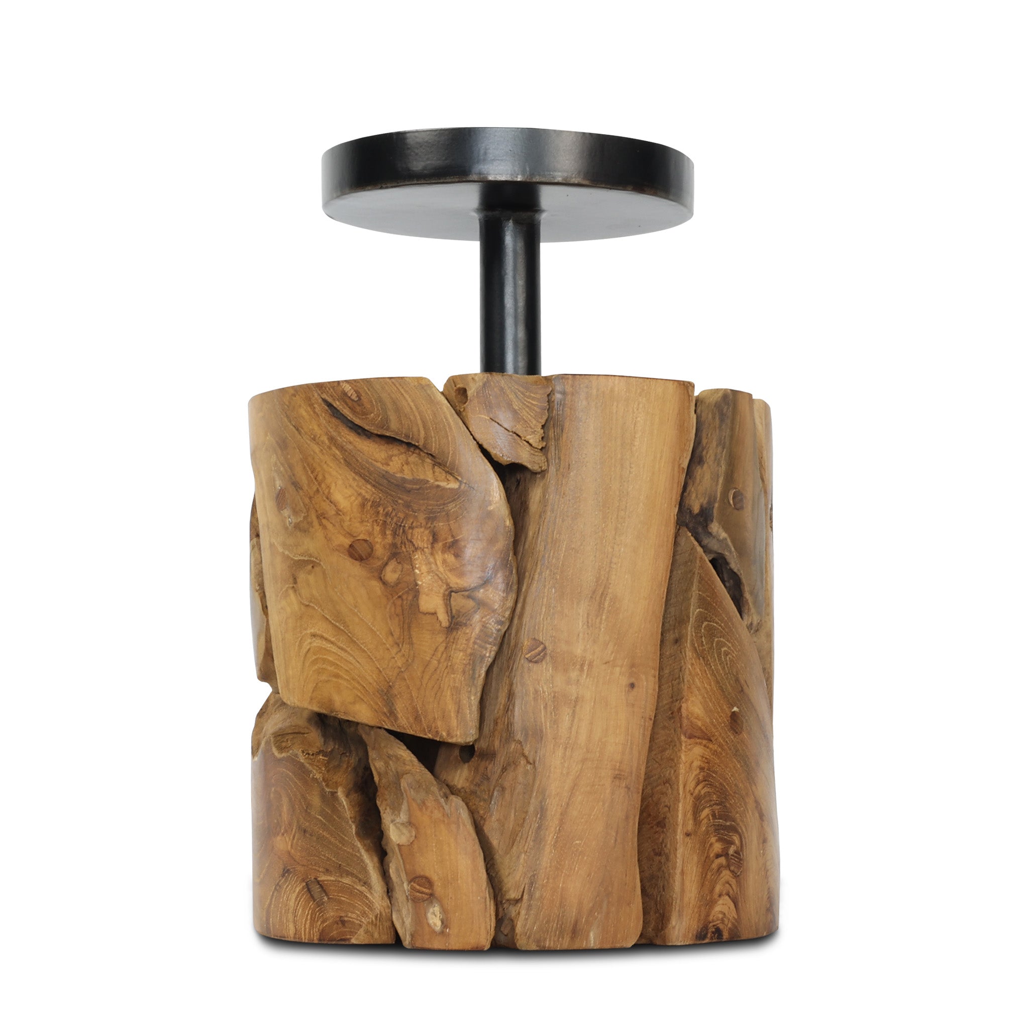 Frida teak root candle holder, round plate, front view