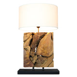 TRUMBLE teak root table lamp with white shade, side view