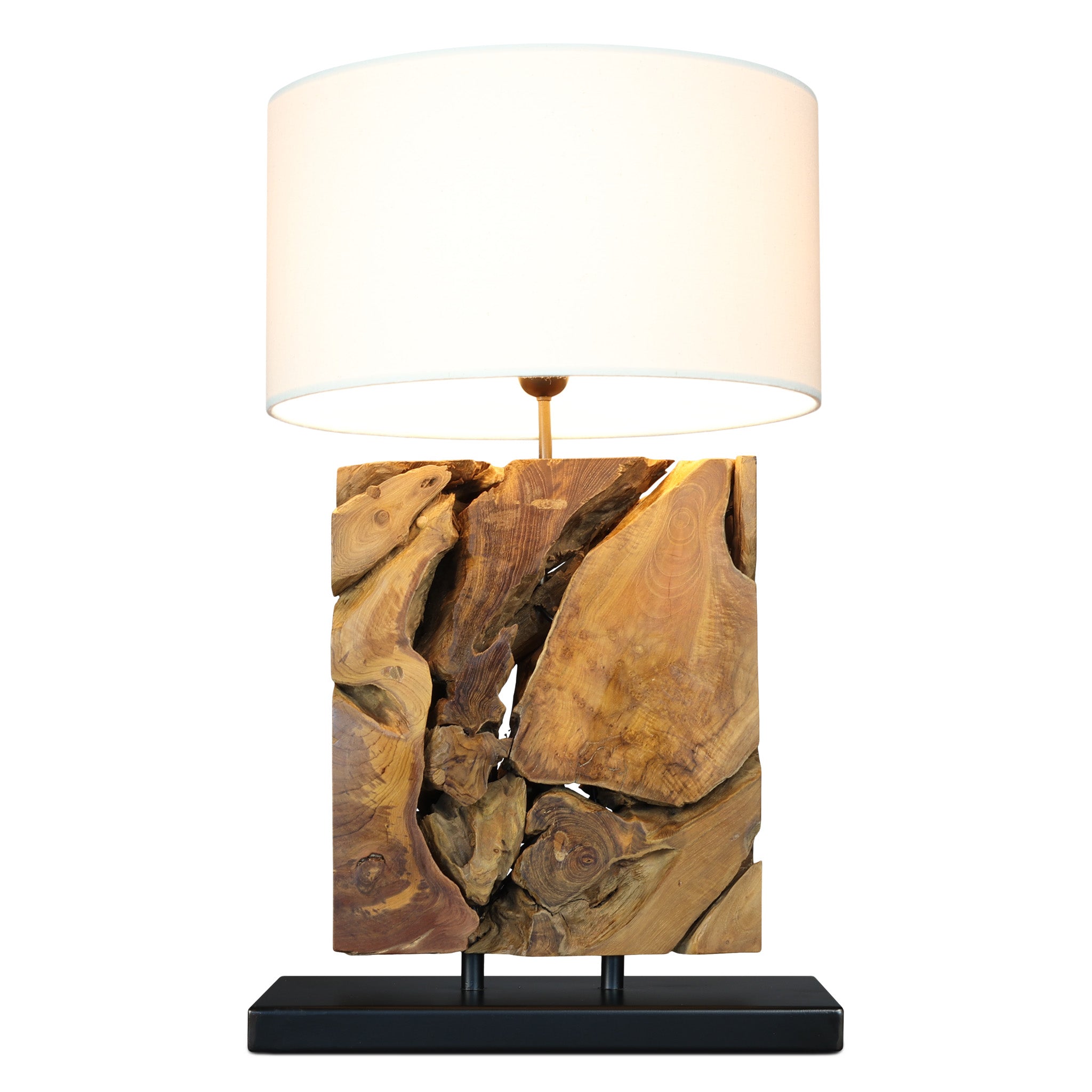 TRUMBLE teak root table lamp with white shade, side view