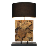 TRUMBLE teak root table lamp with black shade, front view