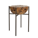 XILON teak root side table on metal base, front view