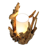 BION teak root table lamp with white drum shade, front view