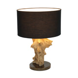 ESROOTS teak root table lamp, black shade, angle view