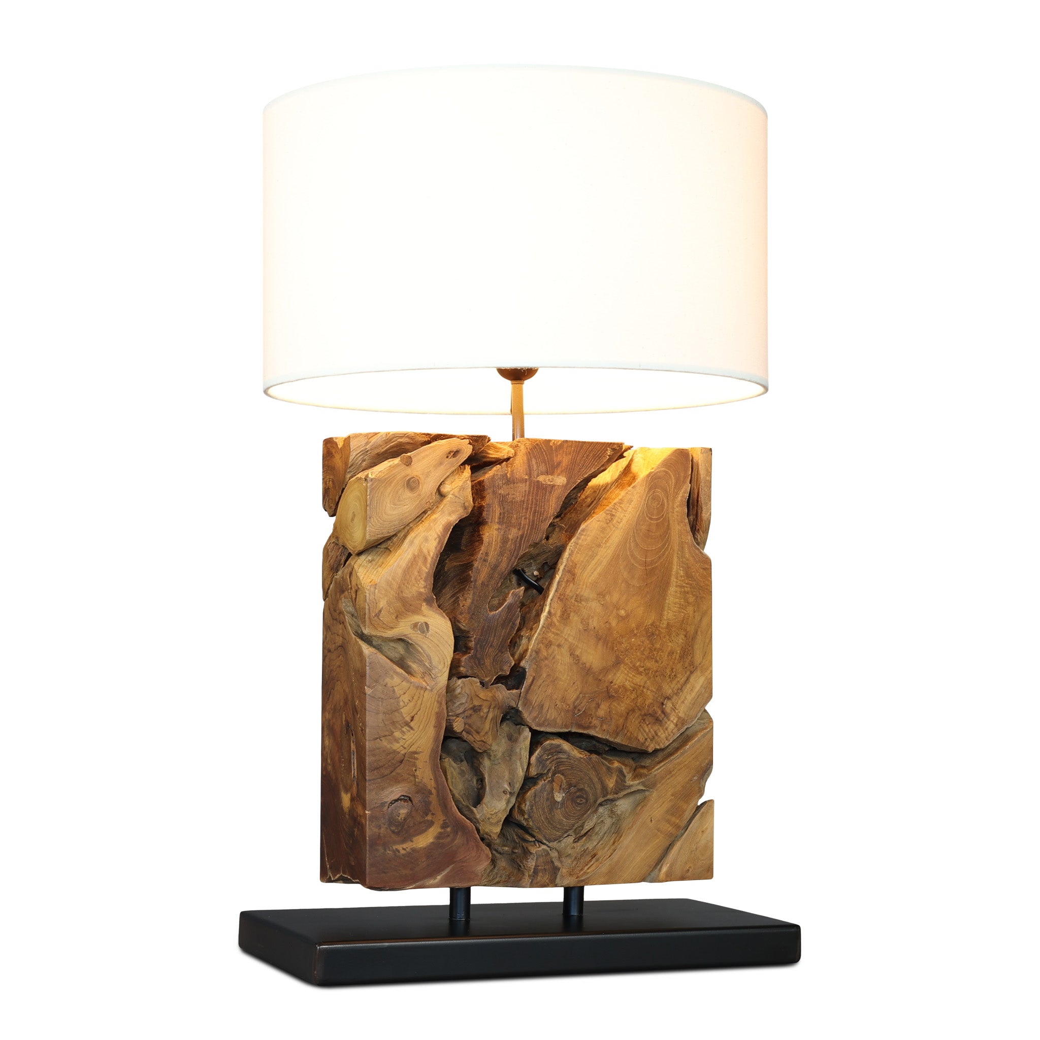 TRUMBLE teak root table lamp with white shade, front view