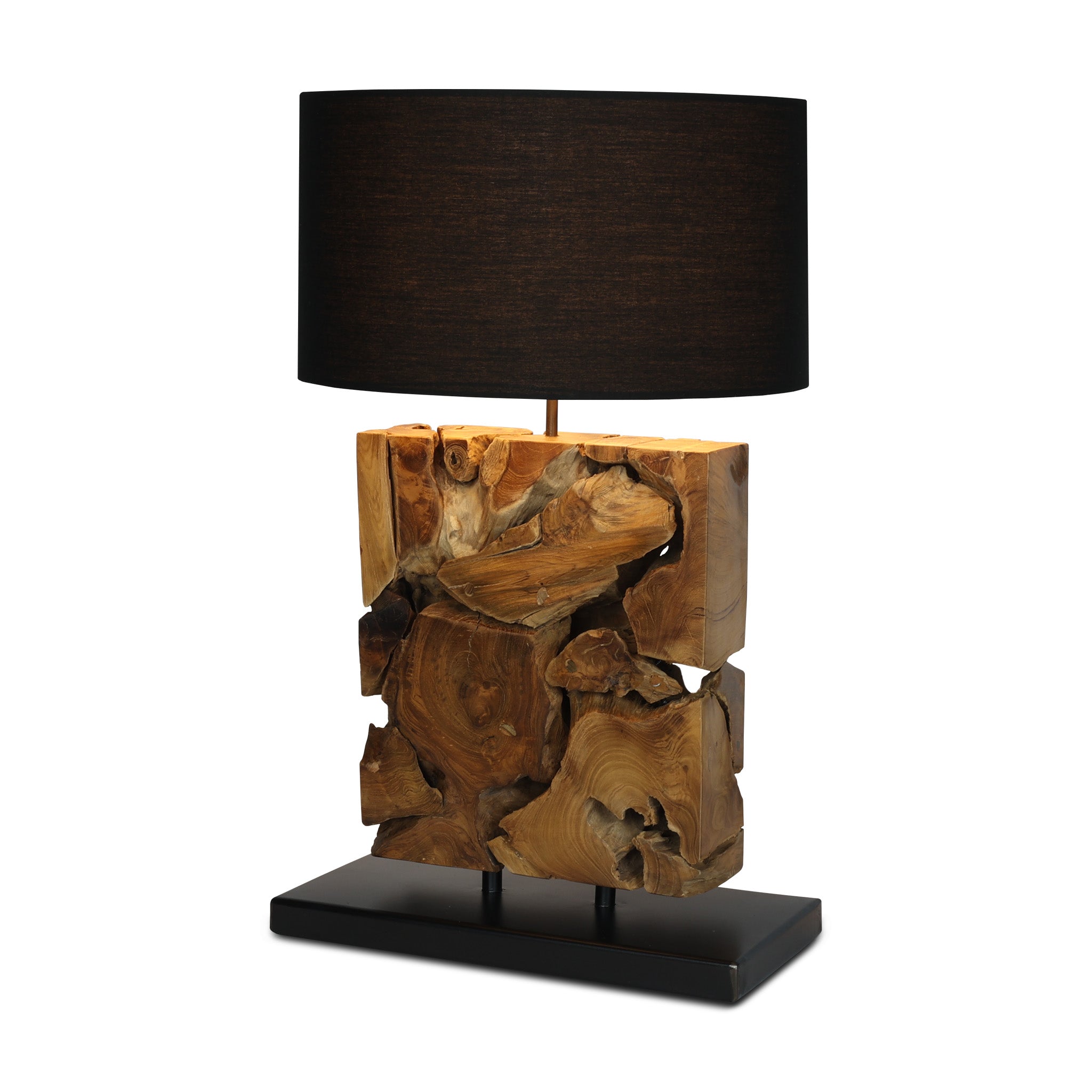TRUMBLE teak root table lamp with black shade, side view