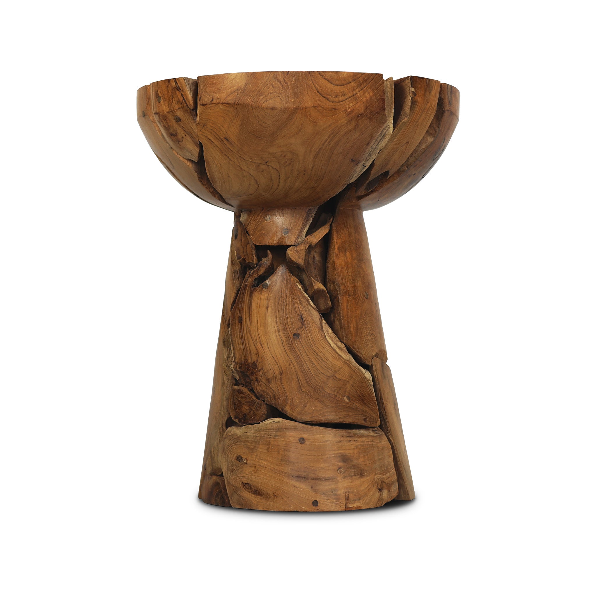 TRUMBLE teak root side table, round, front view