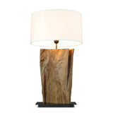 FAVO teak root table lamp with white shade, front view