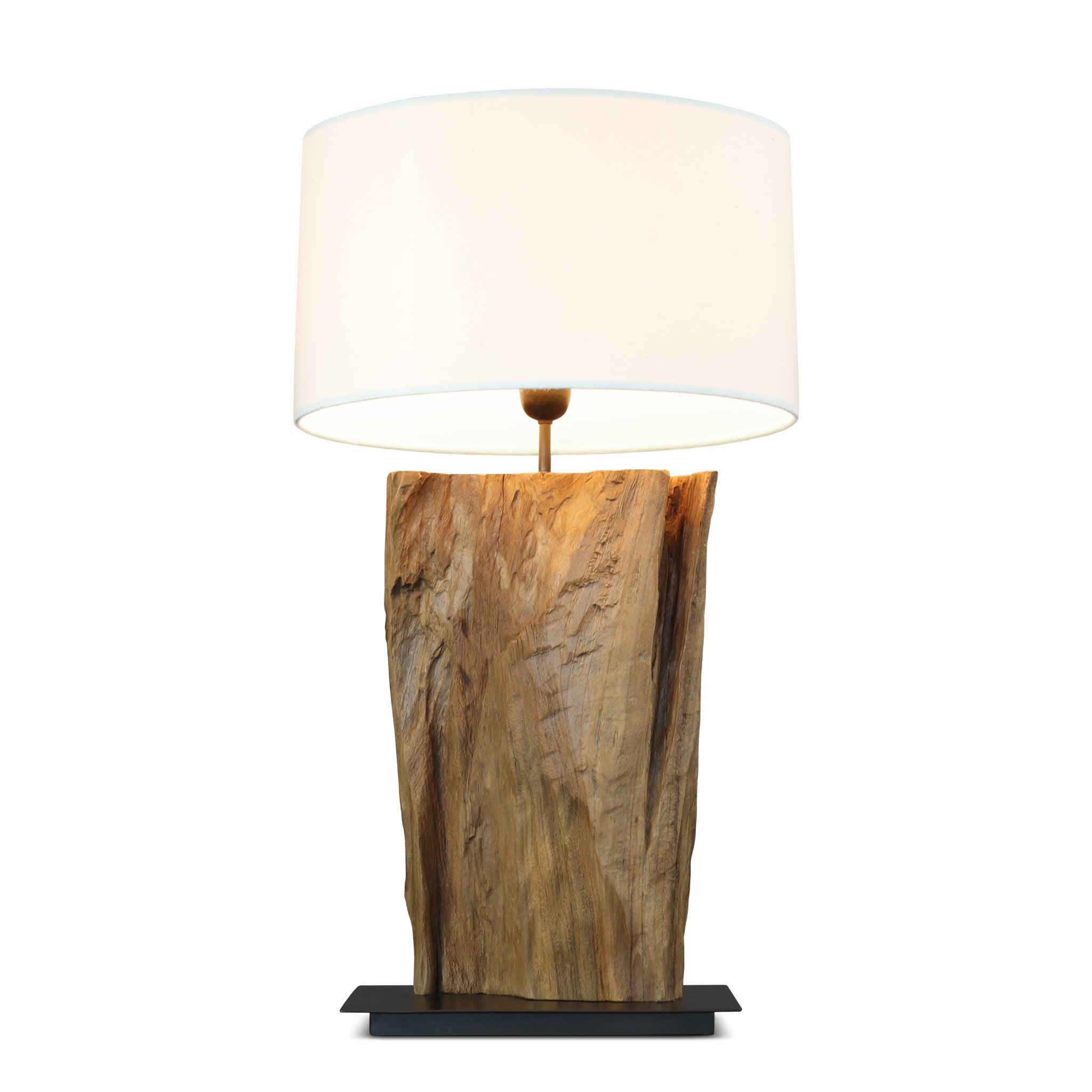 FAVO teak root table lamp with white shade, front view