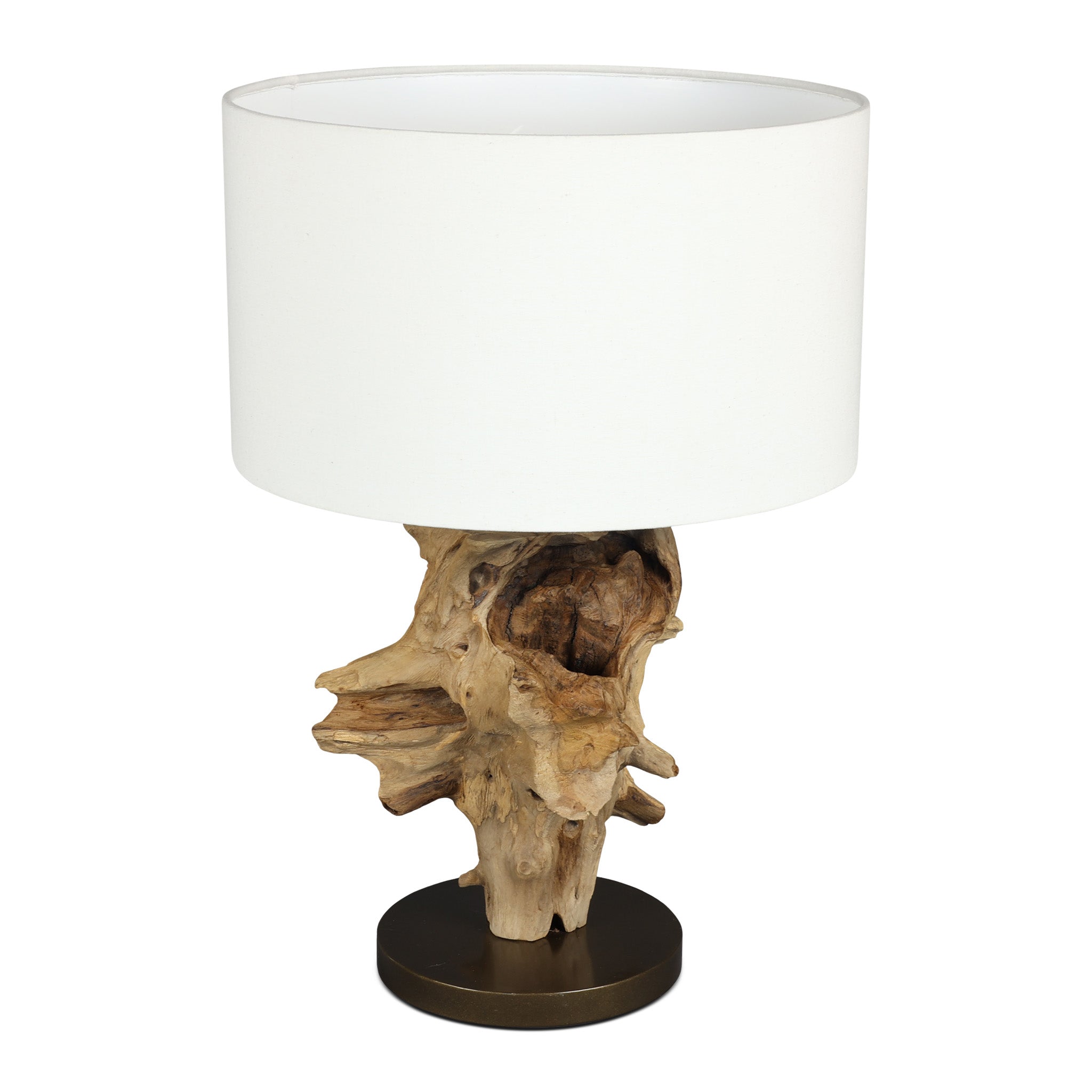 ESROOTS teak root table lamp, white shade, rear view