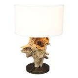 ESROOTS teak root table lamp, white shade, side view