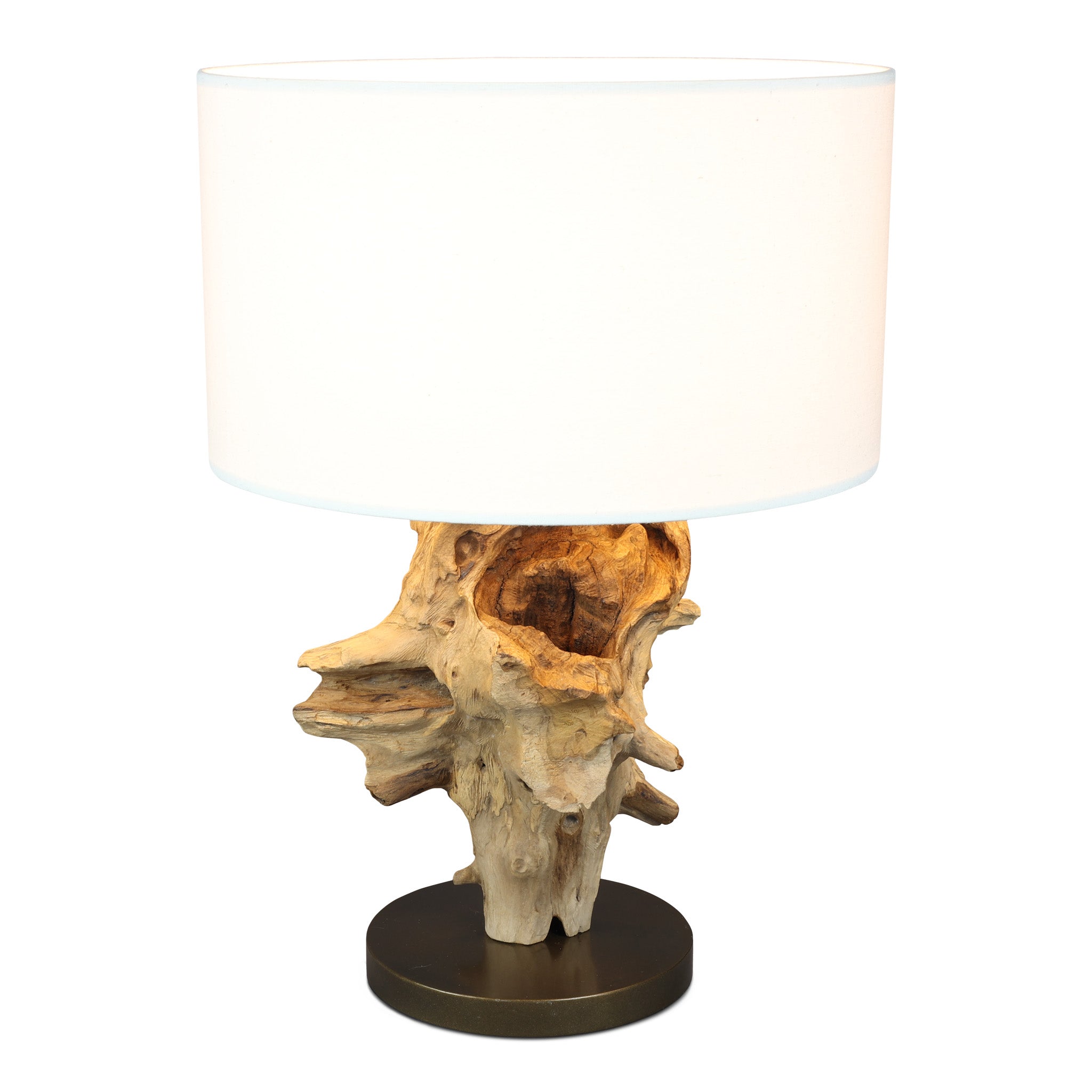 ESROOTS teak root table lamp, white shade, side view