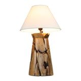 OXXY teak root table lamp with white shade, front view