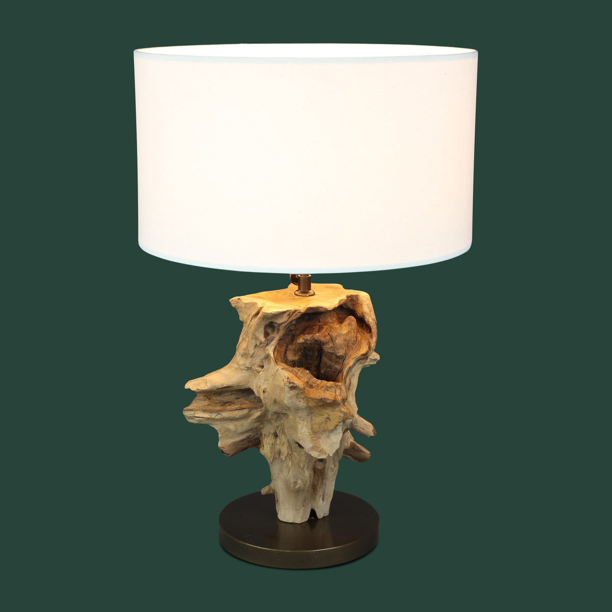 ESROOTS teak-root table lamp with white shade on a dark green background